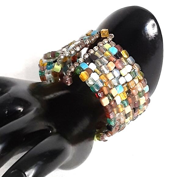 Chunky Cuff Bracelet Multicolor Glass Seed Beads - Picture 1 of 8